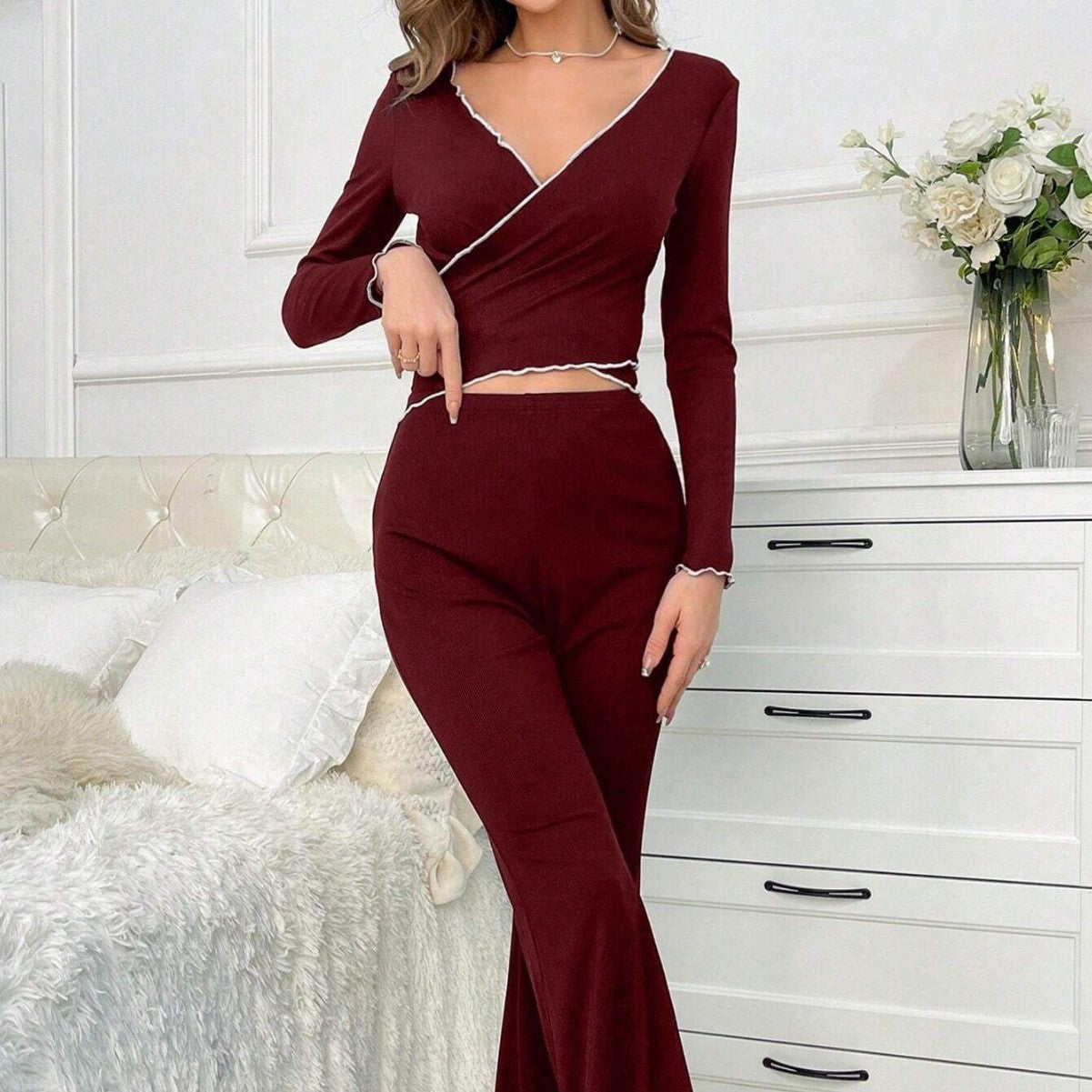 Women's Sexy V-neck Long-sleeve Pants With Straps Pajamas