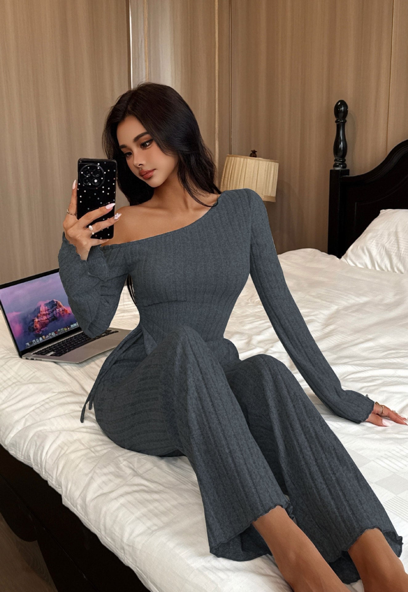 Fashion Sexy Off-the-shoulder Irregular Long Sleeve Trousers Homewear Suit