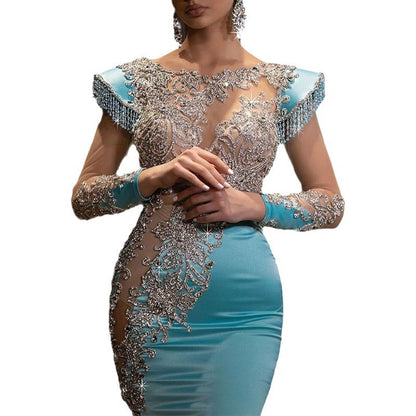 Daily Light Blue Fishtail Long Slimming Temperament Annual Party Evening Dress Women