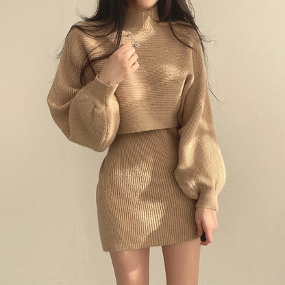 Lantern-sleeve Knitted Sweater Cropped Versatile Dress Set For Women