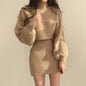 Lantern-sleeve Knitted Sweater Cropped Versatile Dress Set For Women