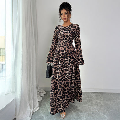 French Leopard Print Long Sleeve Dress Women