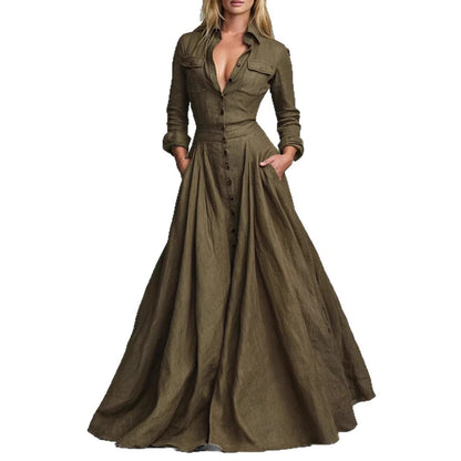 Solid Color Button-down Collar Long Sleeve Dress