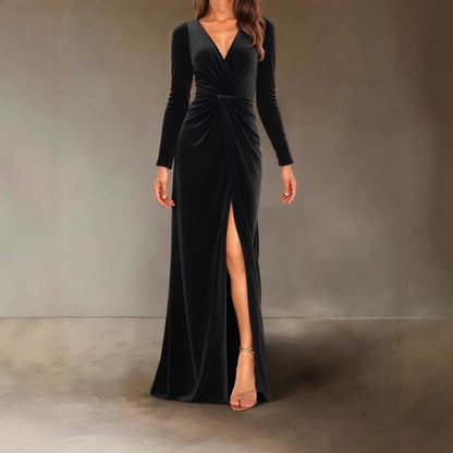 V Neck Pleated Sheath Dress With An Elegant Slit And A Figure Hugging Fit
