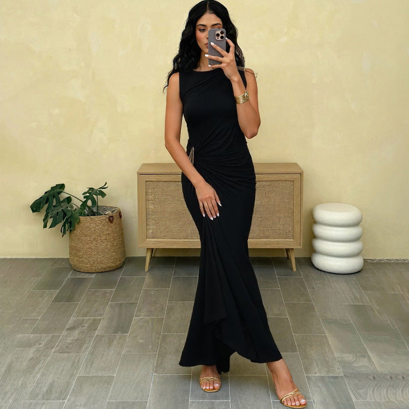 Women's Fashion Sexy Slim Metal Decoration Pleated Sleeveless Bodycon Dress