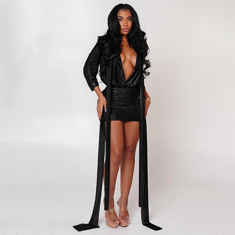 Women's Sexy Transparent Tied Long Sleeves Top Tight Sheath Short Dress Two-piece Set