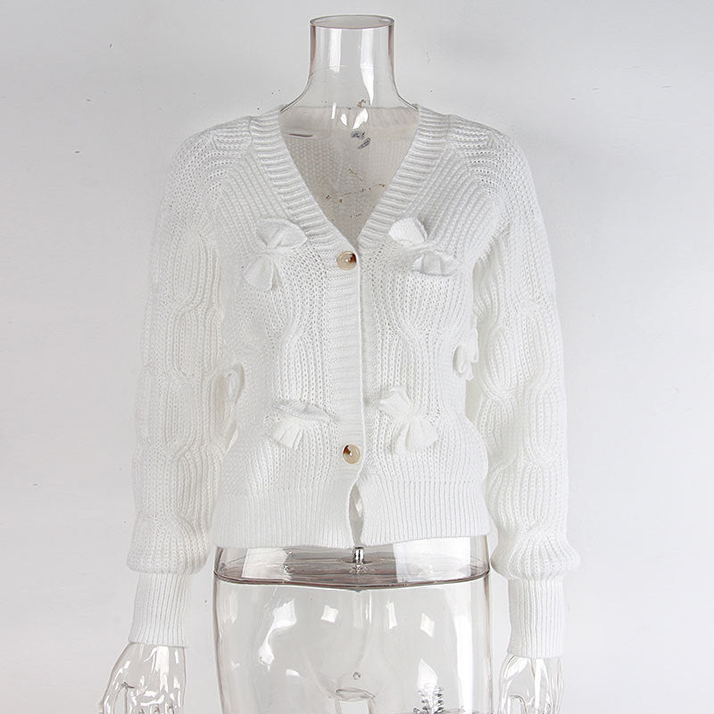 Women's Bow Cropped Cardigan - Long Sleeve V-Neck Button Down Knit Sweater Top