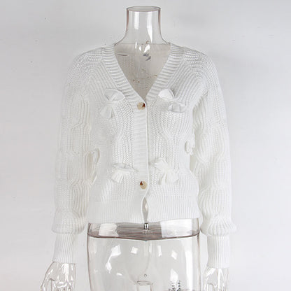 Women's Bow Cropped Cardigan - Long Sleeve V-Neck Button Down Knit Sweater Top