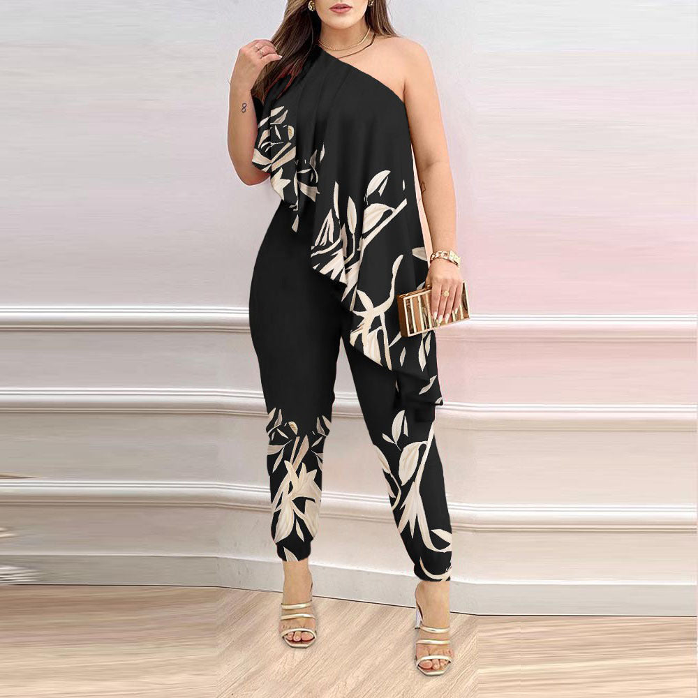 Printed One-shoulder Ruffled Jumpsuit