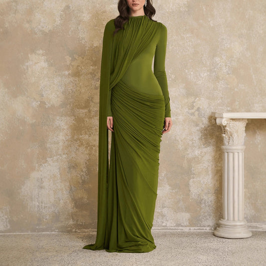 Womens Pleated Ribbon Crew-Neck Long-Sleeve Dress