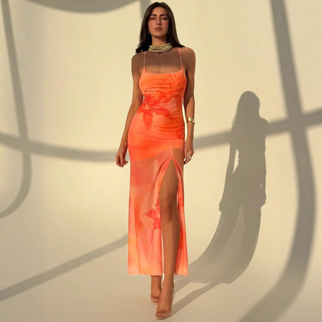 Feminine Pleated Print Chiffon Slim Fit Bandage Halter Dress