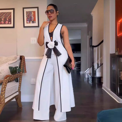 Camellia Bowknot Sleeveless Long Tank Dress And Wide Leg Pants Set