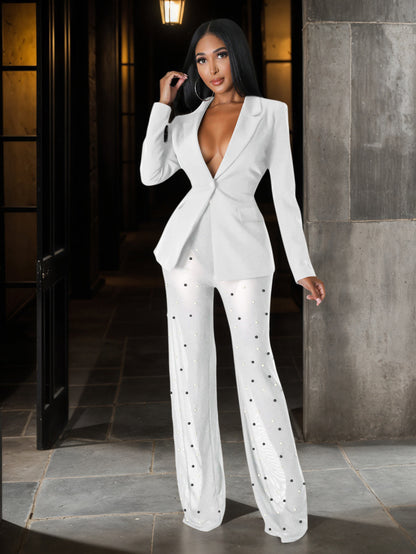 Buttoned Blazer And Beaded Pants Two-Piece Set