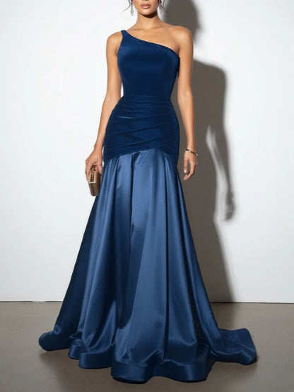Womens Solid-Color Velvet Patchwork Evening Dress