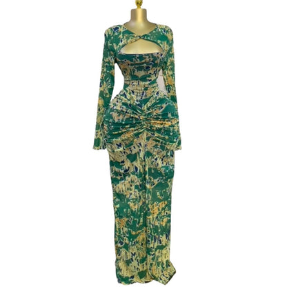 Printed Long Sleeve Hollow-out Pleated High Waist Sexy Vacation Dress Long Dress