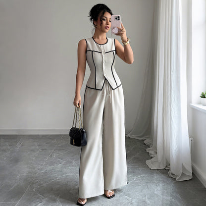 Casual Elegant Button Vest Wide Leg Pants Two-Piece Set Women