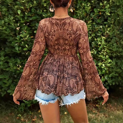 New Versatile Mesh Printed Deep V-neck Slim-fit Long Sleeve Top