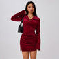 Female Solid Color Flared Sleeve Pleated Waist Bag Hip Dress
