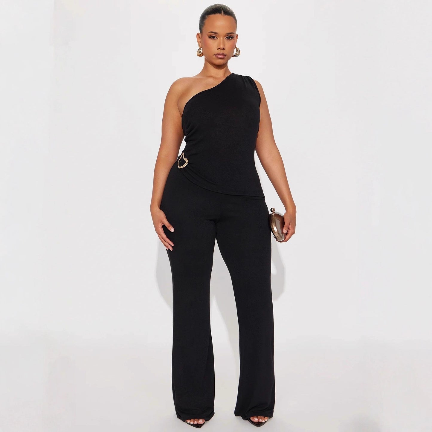Fashionable Solid-Color Slim-Fit Asymmetrical-Neck Tops And Pants Set That Flatters Your Figure