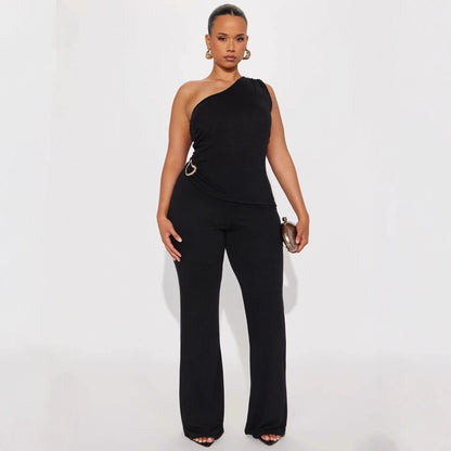 Fashionable Solid-Color Slim-Fit Asymmetrical-Neck Tops And Pants Set That Flatters Your Figure