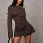 Knitted Off-shoulder Dress Sexy Solid Color Asymmetric