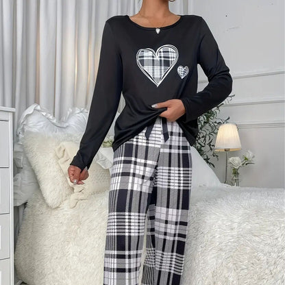 Casual Heart Leopard Print Pajamas Set Loose Long Sleeve Ladies