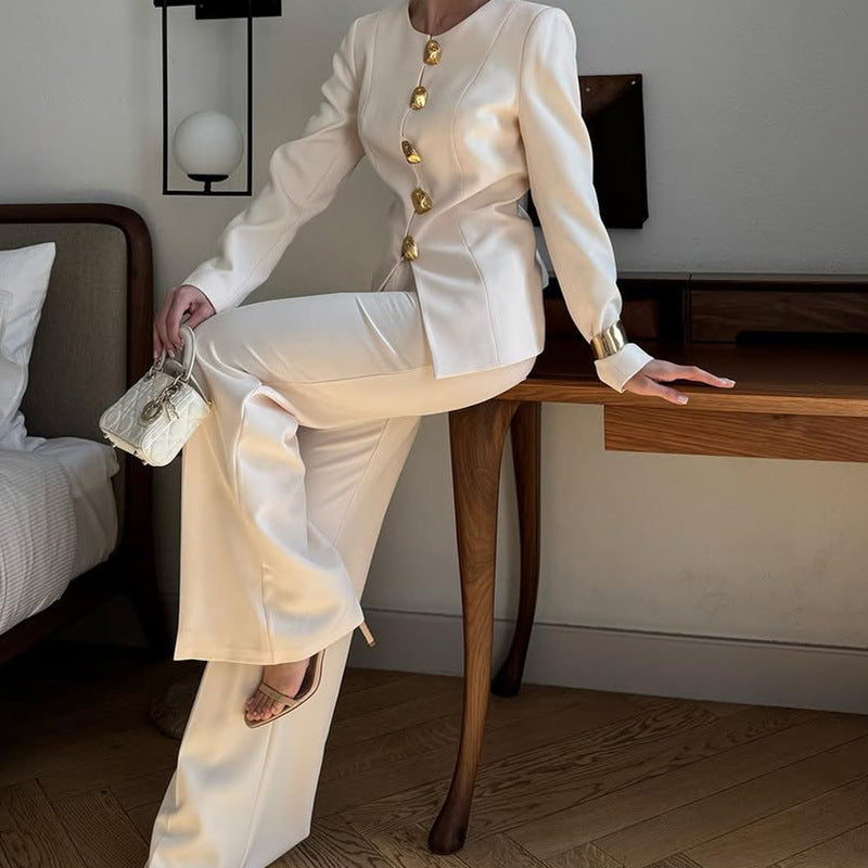 Women's White Top Straight Loose Trousers Suit