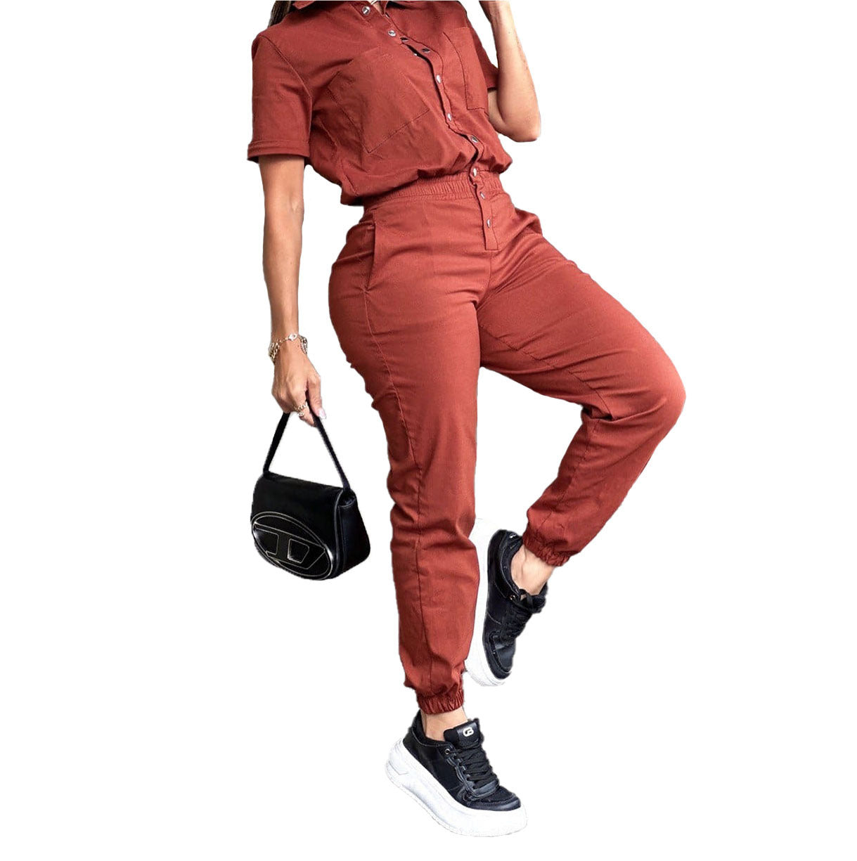 Women's Ankle-tied Lapel Pocket Waist Elastic Button Jumpsuit