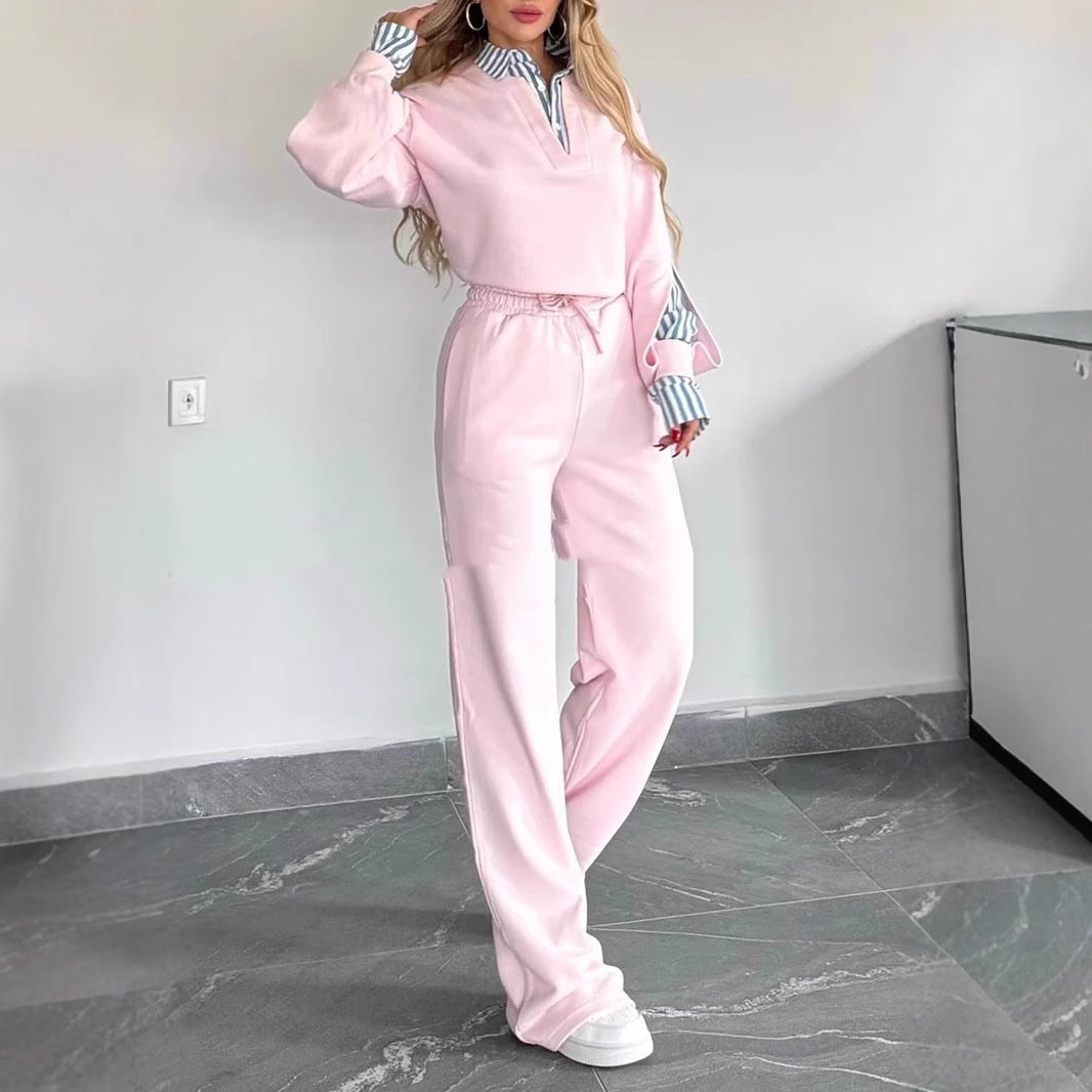 Lapel-collar Long-sleeve Shirt And Relaxed-fit Casual Hoodie Set