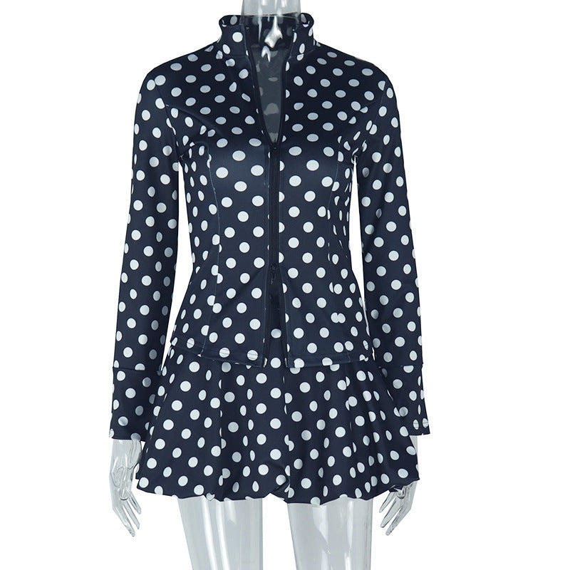 Waist-tied Polka Dot Pleated Long-sleeve Cardigan Zip-up Top And Skirt Two-piece Set