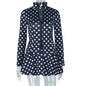 Waist-tied Polka Dot Pleated Long-sleeve Cardigan Zip-up Top And Skirt Two-piece Set