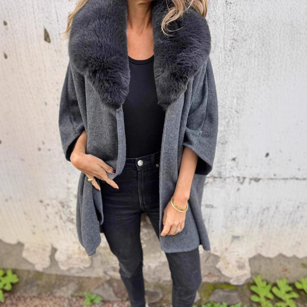 Women's Loose Long Sleeve Large Lapel Fur Collar Cape Coat