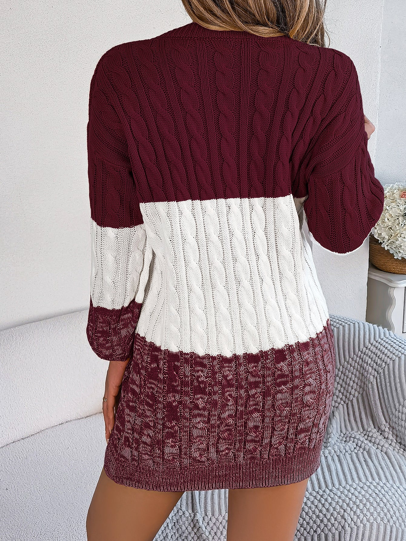 Casual Color Block Cable Knit Lantern Sleeve Sweater Dress