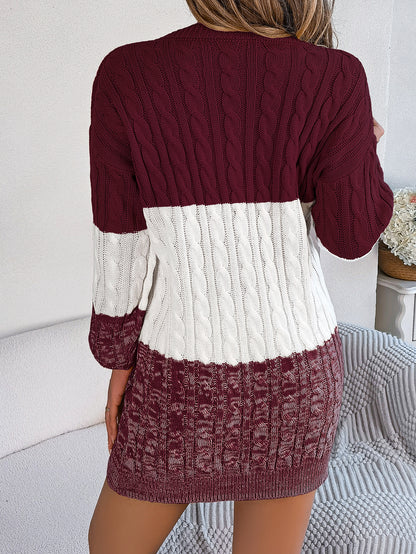 Casual Color Block Cable Knit Lantern Sleeve Sweater Dress