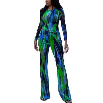 Printed Long Sleeve T-shirt And Wide-leg Pants Two-piece Set