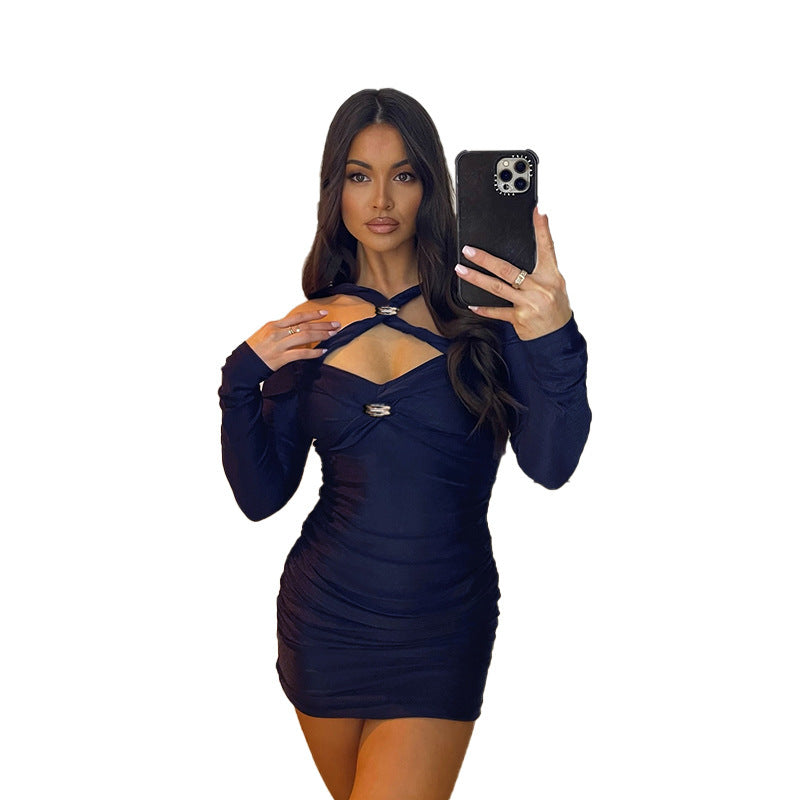 Temperament Design Slim-fit Innerwear Cross-knot Long-sleeve Dress