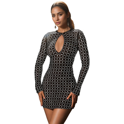 Fashion Women's Wear Sexy Backless Rhinestone Long Sleeve Dress