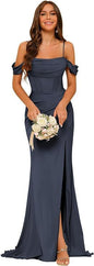 Off-the-shoulder Satin Bridesmaid Corset Ball Gown
