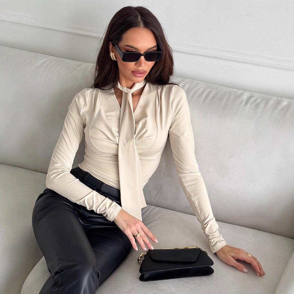 Retro Slim Ribbon Long Sleeve T-shirt For Women