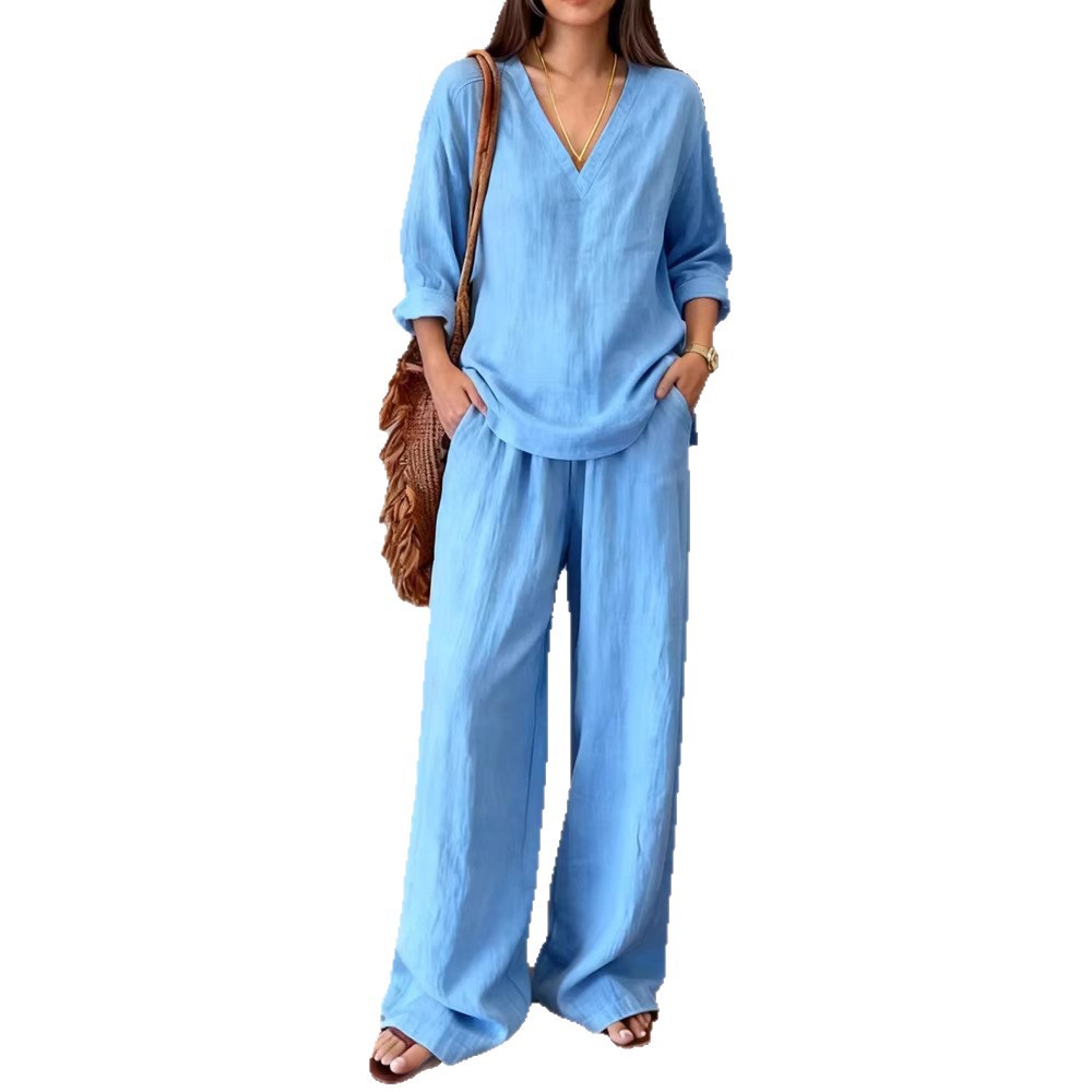 Womens Washed Cotton Multi-Color V-Neck Pullover Long-Sleeve Top And Pants Set