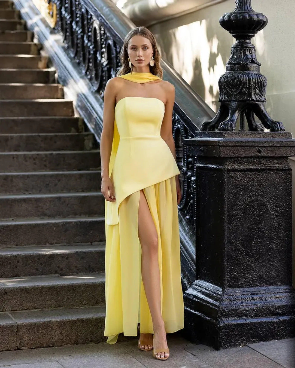 Womens Solid-Color Strapless Dress With Fluttering Ties And A Slit