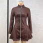 Women's Fashion Slim Fit Long Sleeve Pleated PU Leather Zipper Dress