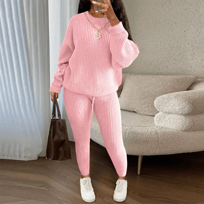 Winter Ribbed Knit Suits Fashion Loose Pullover Sweater Top And Drawstring Pants For Women Trouser Set Clothing
