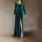 V Neck Pleated Sheath Dress With An Elegant Slit And A Figure Hugging Fit