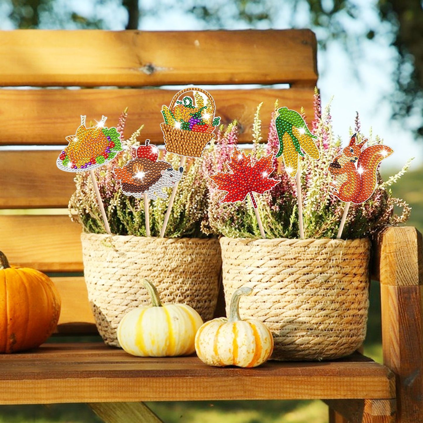 12 Packs Rhinestones Painting Art Kit Fall Pumpkin Turkey Maple Corn Design Decorative Stakes For Vase DIY 5D Rhinestones Art Craft Ornaments With Glue And Suction Cup For Thanksgiving Harvest Decor