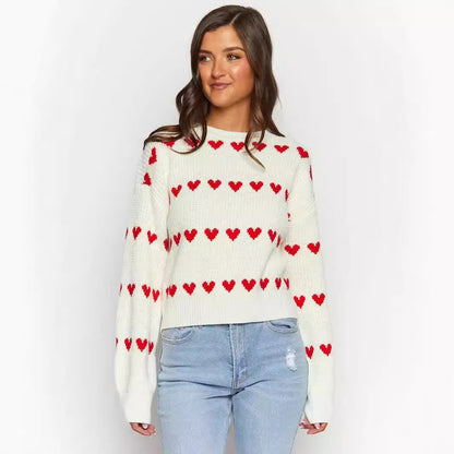 Sweet Cute Love Heart Two-tone Jacquard Contrast Color Round Neck Long Sleeve Sweater