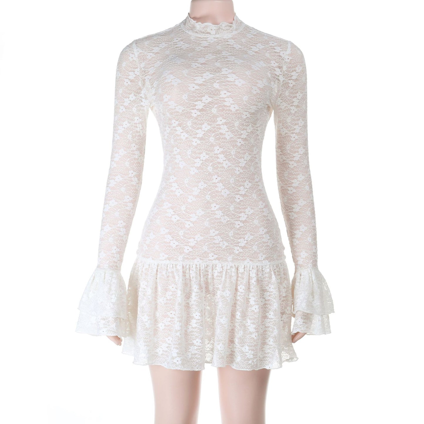 Fashionable Sexy Babe Lace Sheer Long Sleeve Dress