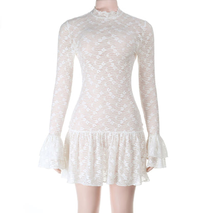 Fashionable Sexy Babe Lace Sheer Long Sleeve Dress