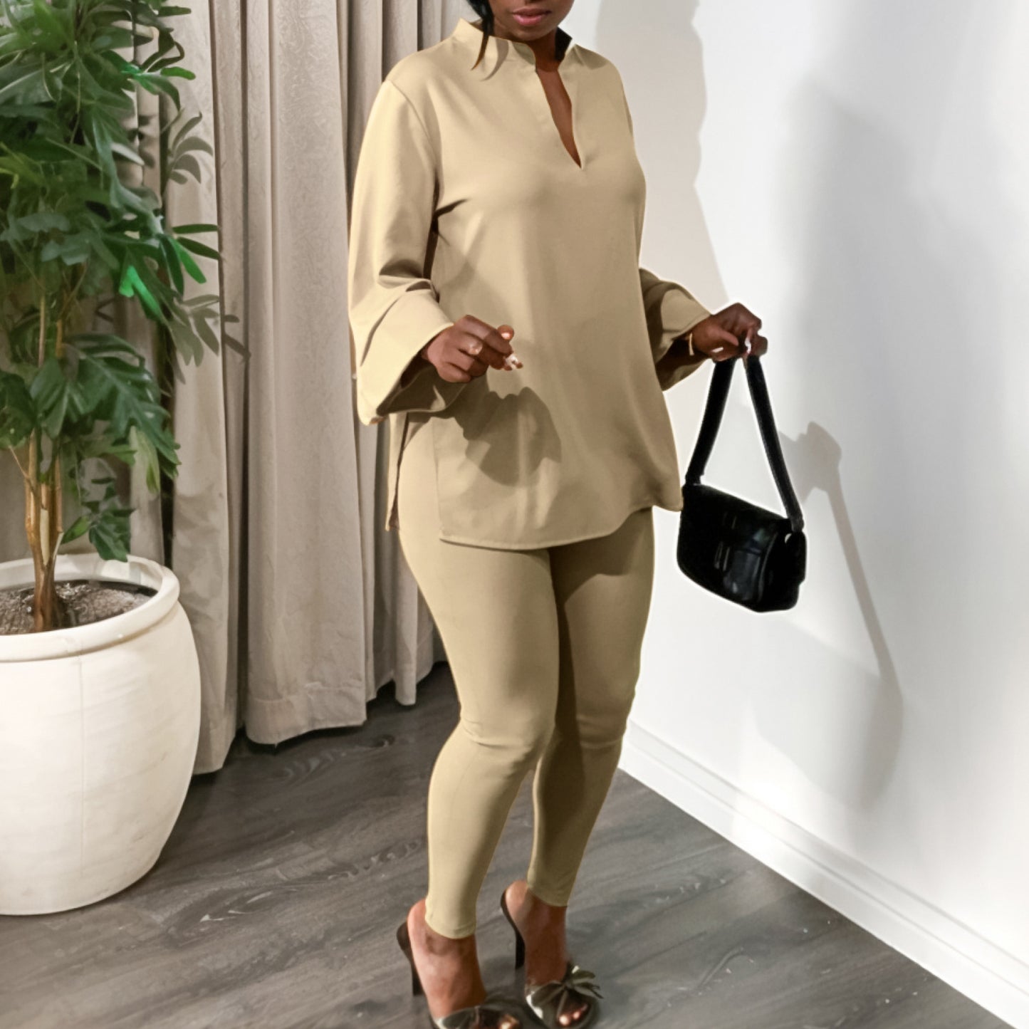 Solid Color Plus Size V-neck Long Sleeve Top Pants Suit