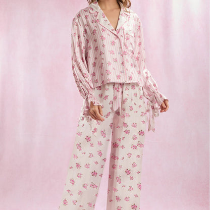 Silk-like Printed Floral Long-sleeved Lapel Pajamas Suit